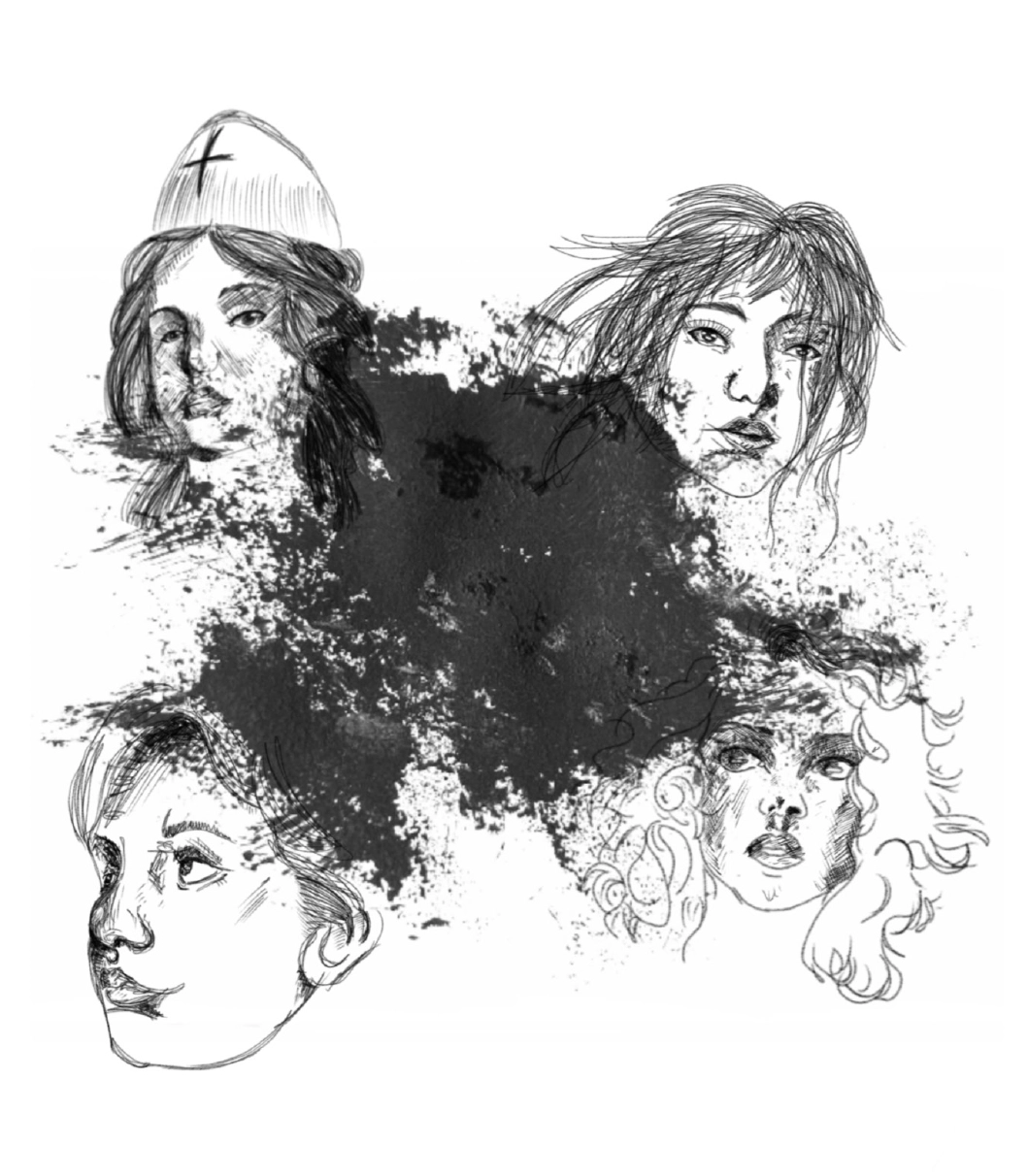 Grafik von vier Frauenköpfen zum Titel die verschwundene Frau