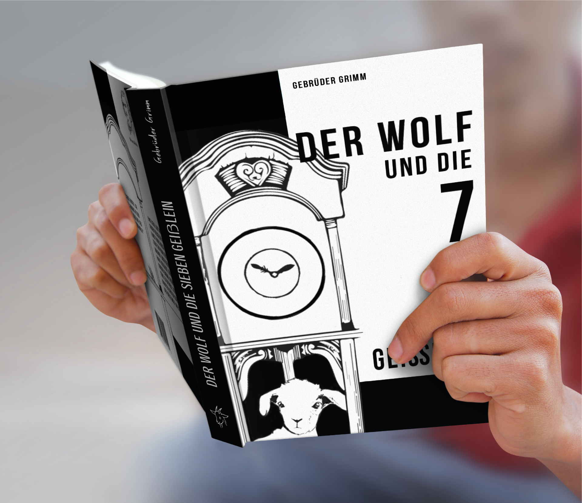 Schwarz-weiß-Buchcover für die Der Wolf und die sieben Geißlein