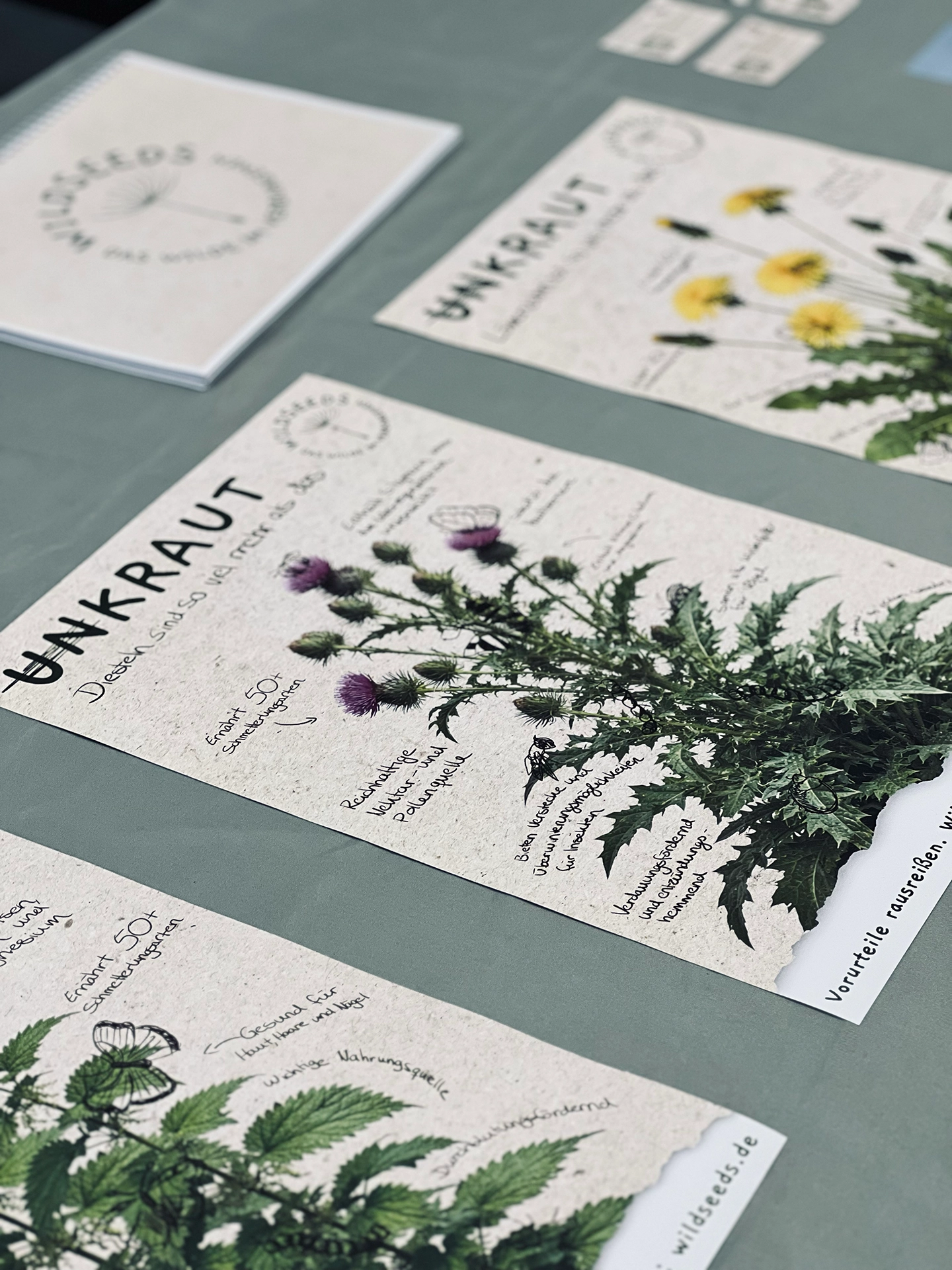 Mehrere Infoblätter der Kampagne „Unkraut" mit Fotos von Distel, Löwenzahn und Brennnessel sowie handschriftlichen Notizen zu ihrem ökologischen Nutzen, daneben ein Heft mit dem Logo „Wildseeds"